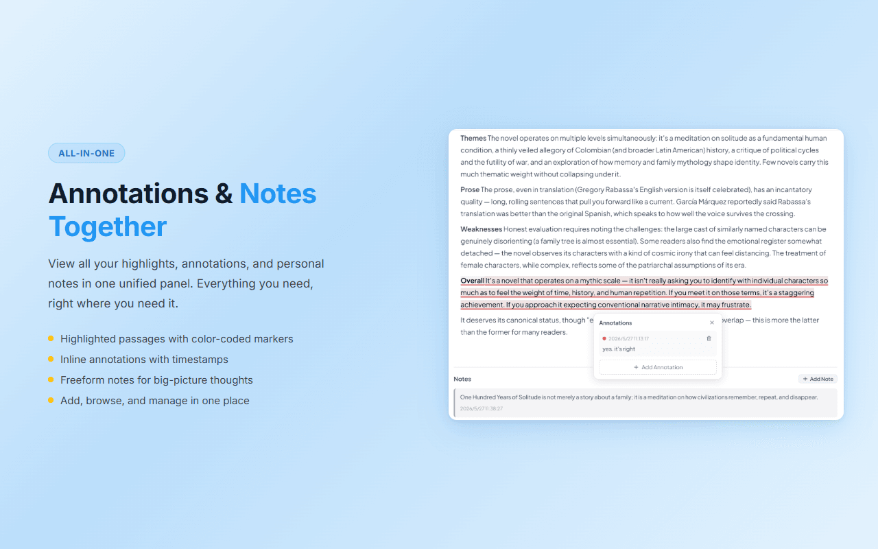Unified panel showing annotations, highlights, and notes together