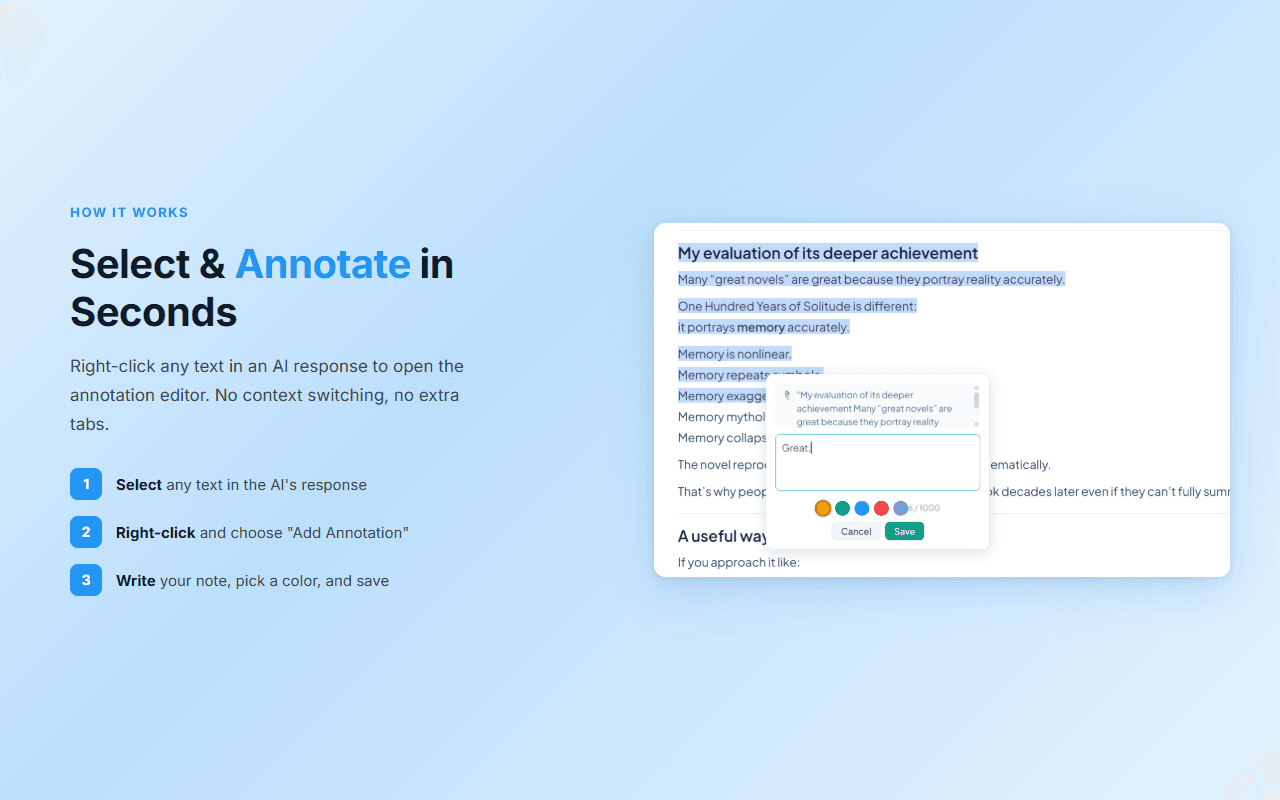 Three-step annotation workflow: select, right-click, save